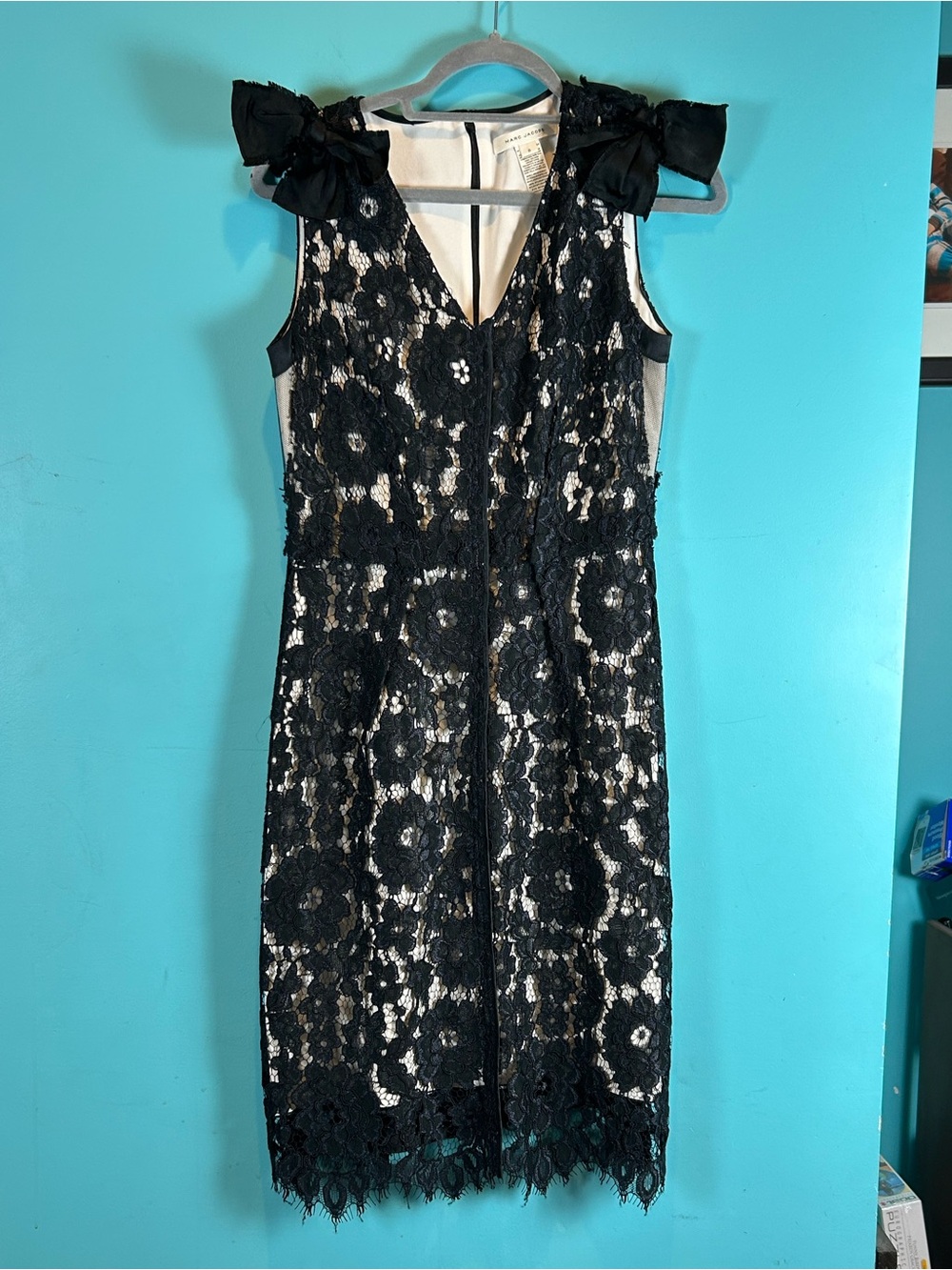 Black Lace Overlay Sheath Dress with Bow Shoulder Detail